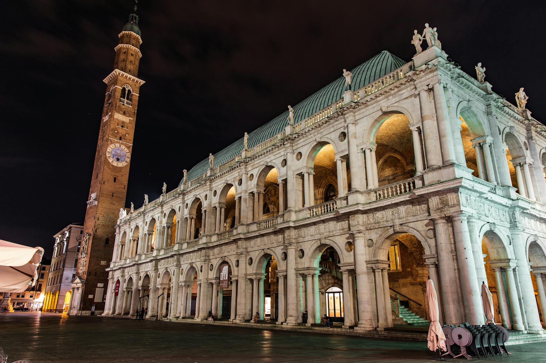 the palladian basilica in vicenza italy at night